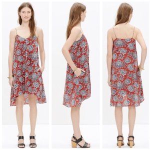Madewell Red & Navy Floral Asymmetrical Silk Dress